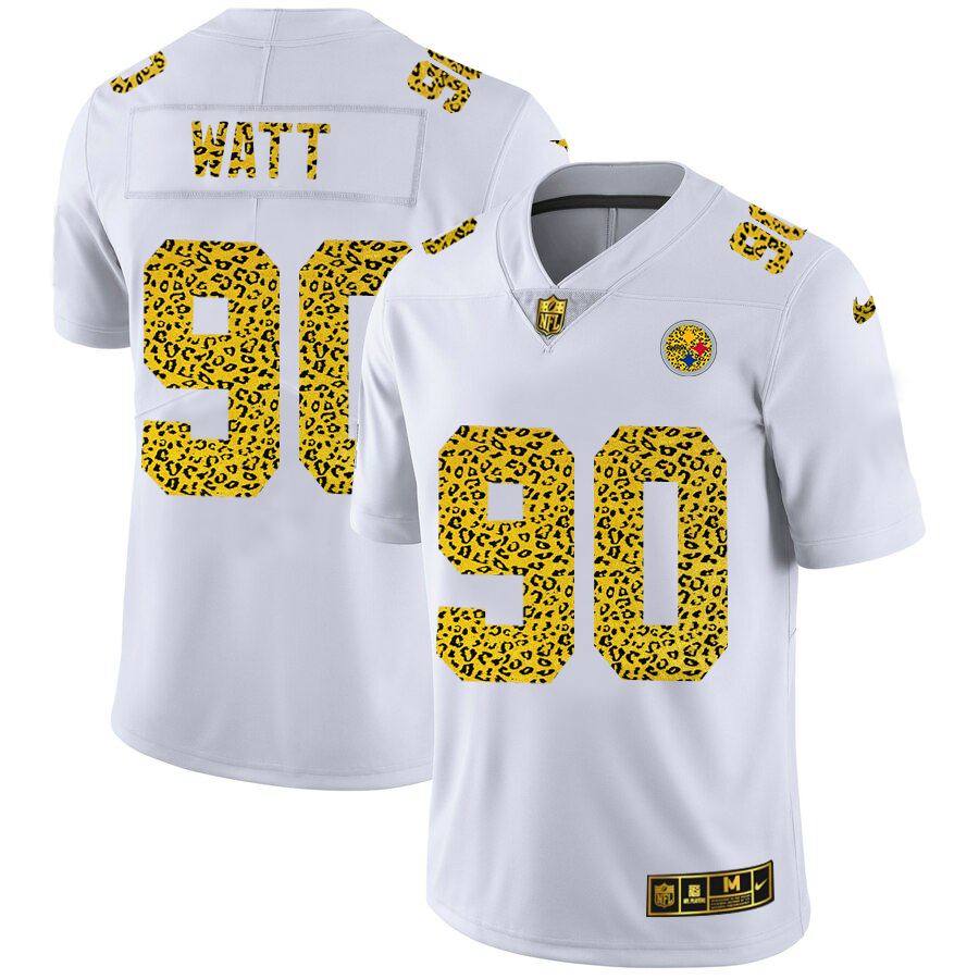 Custom Pittsburgh Steelers 90 T.J. Watt Men Nike Flocked Leopard Print Vapor Limited NFL Jersey White